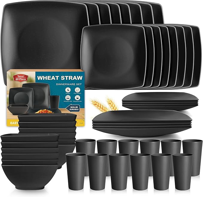 Teivio 48-piece Plastic Wheat Straw Square Dinnerware Set for 12, Unbreakable Dinner Plates, Salad Plates, Snack Bowls, Tumblers 13.5 oz, Dishwasher Safe Kitchen Outdoor Camping RV Dish, Black