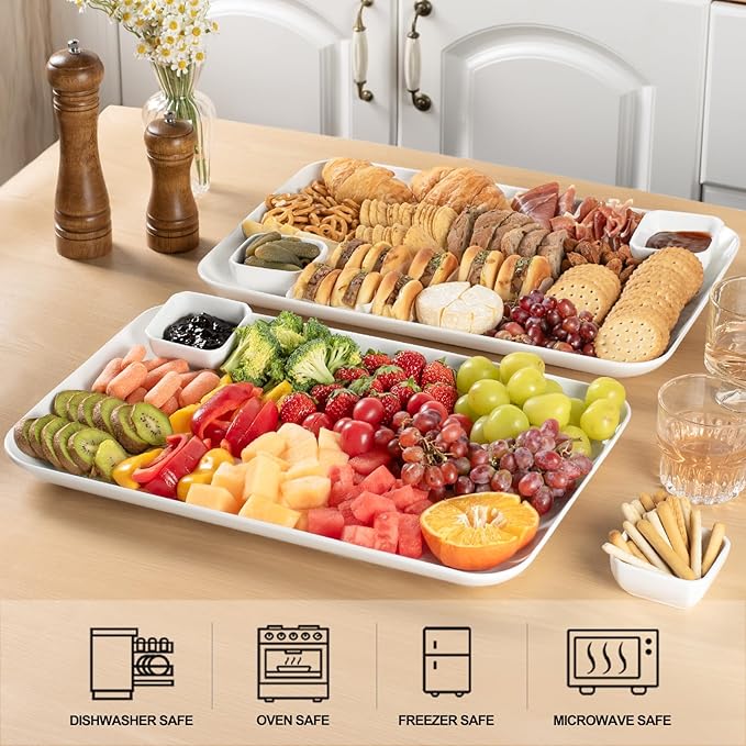 DELLING 18 Inch Large Serving Platter Set of 2, White Porcelain Serving Trays 18" x 12.3", Rectangular Platters for Turkey Fruit Appetizer Party, Oven Microwave Dishwasher Safe, Wedding Entertaining