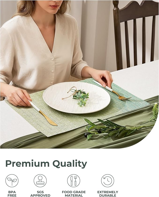Leetaltree Gradient Green Woven Placemats Set of 4 - Heat Resistant Non-Slip Place mats for Dining Table, Washable Durable PVC Vinyl Woven Table Mats(Gradient Green, 4)