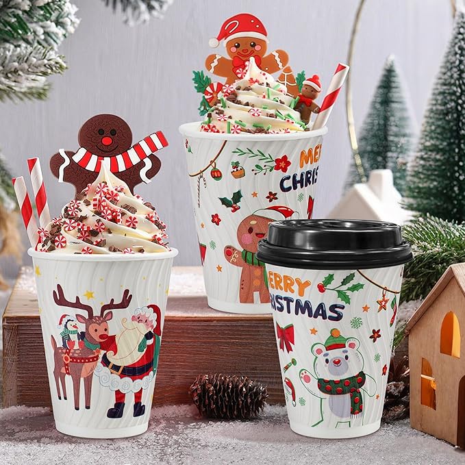 Christmas 100 Pack Coffee Cups with Lids 12oz, Disposable Insulated Ripple Wall To Go Paper Coffee Cups for Hot/Cold Drinks Office Home Shop Event
