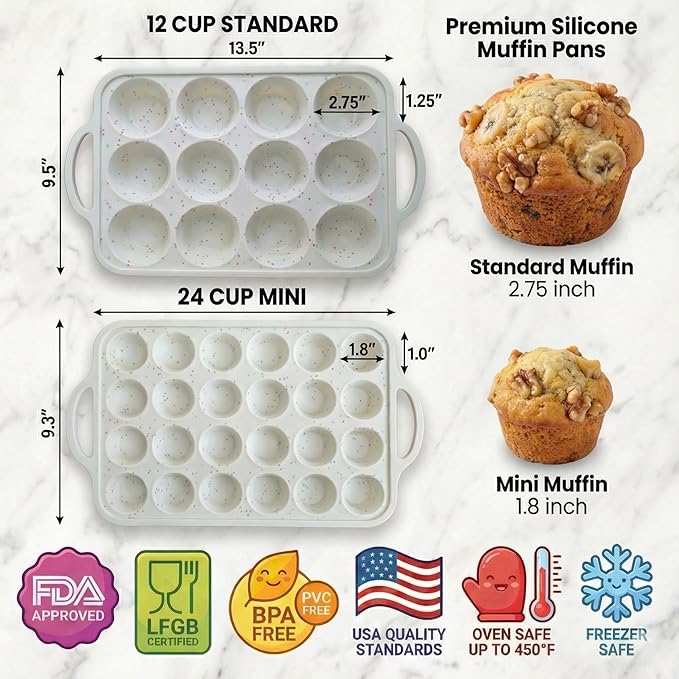 2-Pack Silicone Muffin Pan Set – Regular 12 Cup & Mini 24-Cup Silicone Muffin Pans for Baking – Nonstick Silicone Cupcake Pan with Metal-Reinforced Handles – BPA-Free, Dishwasher-Safe, Cream