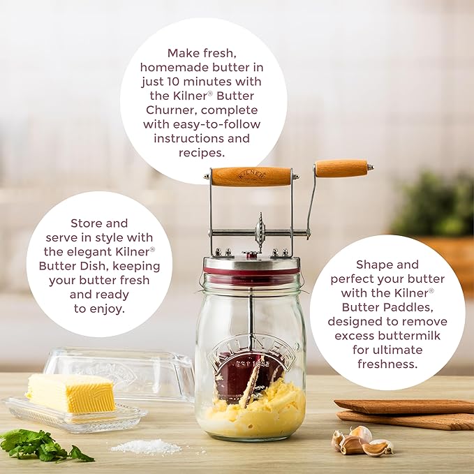 Kilner Vintage Glass Butter Churn; Delicious Homemade Butter in as Little as Ten Minutes; Large 34-Fluid Ounce Capacity Butter Churner, 1 EA