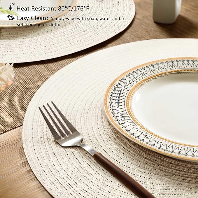 FunWheat Round Braided Placemats Set of 6 Place mats for Dining Tables Woven Heat Resistant Table Mats 15 inch (Ivory,6pcs)