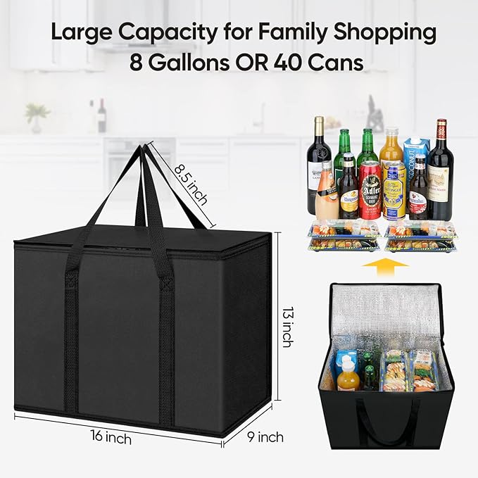 BALEINE 2Pk Insulated Reusable Grocery Bags, Collapsible Cooler Bag for Groceries, Heavy Duty Large Insulated Bag (16''x9''x13'', Charcoal Black)