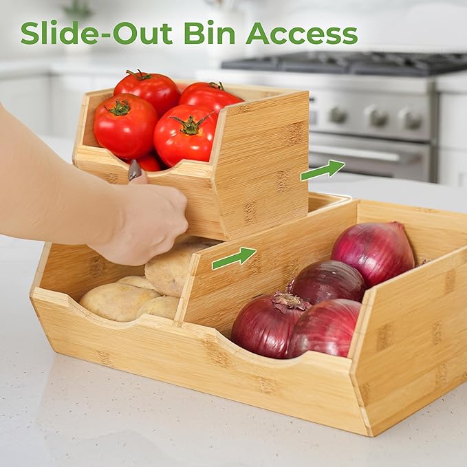 HOMESTEAD Bamboo Pantry Storage Bins – Potato & Onion Storage Bin for Pantry Organizers, Produce Organizer Set of 3 – Slide out Bin Access