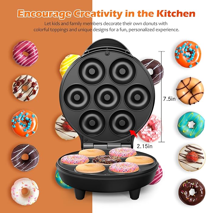 KEINVE Mini Donut Waffle Cake Maker, 7 Slots Home Baking Machine, Great for Breakfast, Snacks, Desserts and More