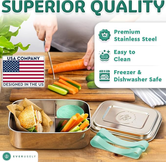 Everusely - Bento Box - Green, 60oz / 1.8 L - Extra Large Stainless Steel Lunch Box + Leakproof Condiment Container - 3 Compartment Snack Organizer for On the Go Meals - Freezer & Dishwasher Safe