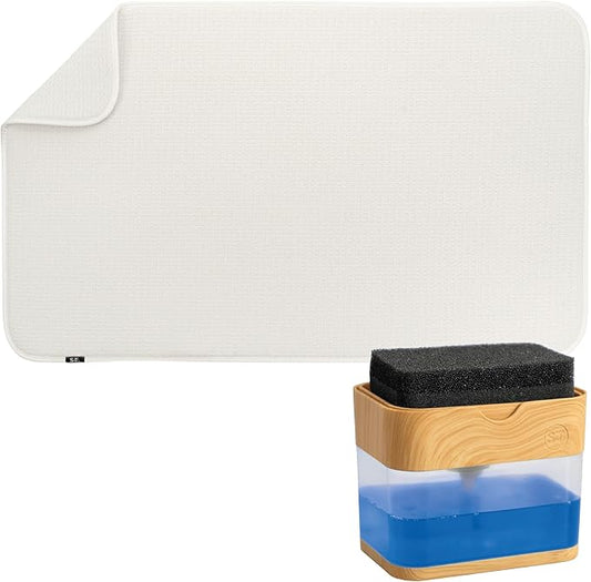 S&T INC. Dish Drying Mat 18" x 30" Cream and Dish Soap Dispenser Bamboo Bundle