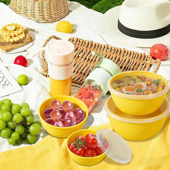 4-Piece Classic Plastic Prep Bowls with Lids, Nesting Plastic Small Mixing Bowl Set for Mixing, Baking, Prepping, Cooking and Serving Food, Microwave and Dishwasher Safe (Yellow)