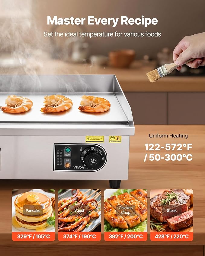 VEVOR Commercial Electric Griddle, 21 x 11.8 inch, 1750W, 122-570°F Adjustable Temp Control, Stainless Steel Countertop Flat Top Grill with 2 Spatulas, 2 Brushes and 4 Foot Pads, for Steak, Pancake