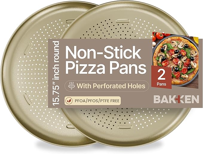 Bakken 16 Inch Non-Stick Pizza Pan 2 Pack, Round Carbon Steel Pizza Tray with Perforated Holes, PFOA, PFOS, & PTFE-Free, Dishwasher & Oven Safe Up To 450°F, Durable Nonstick Coating, Gold