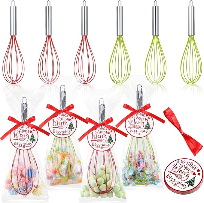 6 Sets 10 Inch Christmas Whisks Gifts DIY Fillable Christmas Tree Ornaments Xmas Colored Silicone Whisks for Cooking Heat Resistant Egg Beaters with Card Rope Bag for Candy Holder