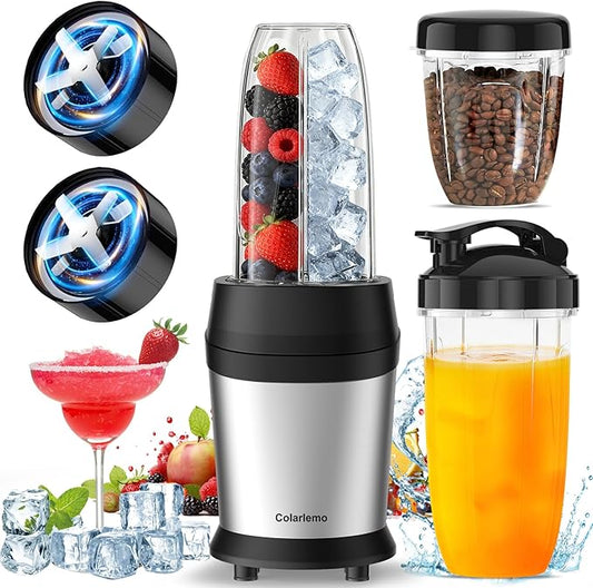 Colarlemo 12-Piece Smoothie Blender Maker 25,000 RPM Personal Blender for Ice Crushing Smoothies & Frozen Drinks Nuts with 23oz, 32oz, 37oz Portable Cups Two 6-Leaf Stainless Steel Blades, Silver