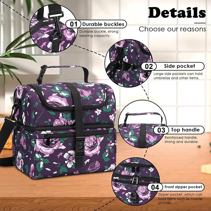 PBRO Double Deck Insulated Lunch Bag for Women,Large Reusable Lunch Box with Adjustable Shoulder Belt and Side Pockets,Cute Floral Leakproof Lunch Tote Cooler Bag for Adult Picnic,Working -Dark Purple