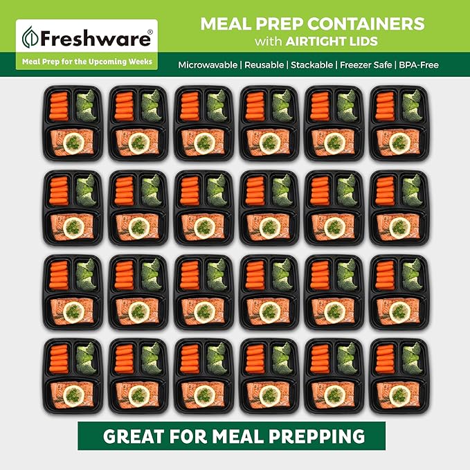 Freshware Meal Prep Containers [150 Pack] 3 Compartment Food Containers with Lids, Bento Box, Stackable, Microwave/Dishwasher Safe (32 oz)