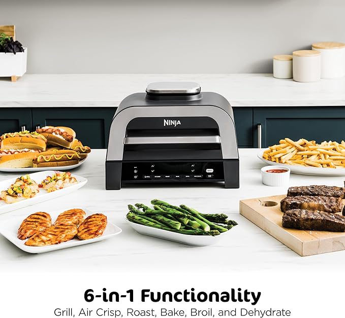 Ninja DG551 Foodi Smart XL 6-in-1 Indoor Grill with Air Fry, Roast, Bake, Broil, & Dehydrate, Foodi Smart Thermometer, 2nd Generation, Black/Silver