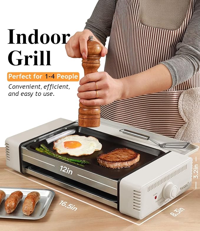 3-in-1 Electric Grill with Hot Dog Roller, Portable Indoor Outdoor BBQ Grill, Griddle and Sausage Roller Machine with Removable Non-Stick Plate & Drip Tray, for Tailgate, Camping, RV, Home Kitchen