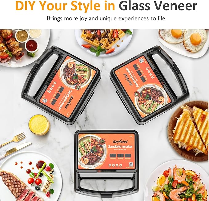 Sunvivi 3 in 1 Sandwich Maker, Electric Waffle Maker with Removable Non-stick Plates, 800W Panini Press Grill with Glass Top, Cool Touch Handle & Easy to Clean, Black