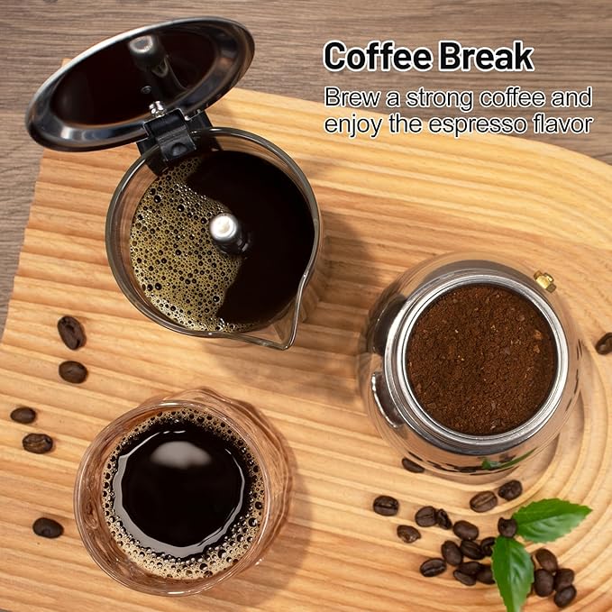 9 Cup Glass Clear Moka Pot Thickened 304 Stainless Steel Stovetop Espresso Maker Italian Coffee Machine 450ml 15oz Classic Mocha Cafe Greca Coffee Suitable for Gas Induction