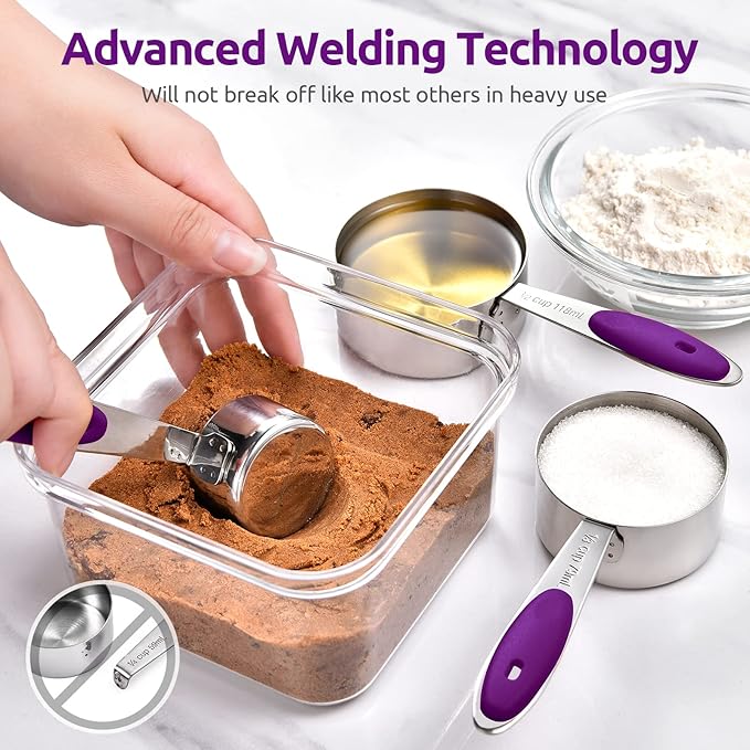 Measuring Cups and Spoons Set: U-Taste 18/8 Stainless Steel 10 Pieces Metal Stacking Kitchen Baking Cooking Food Measure Set 5 Cups 5 Spoons with Strengthened Weld Joints (Purple, Upgraded Version)