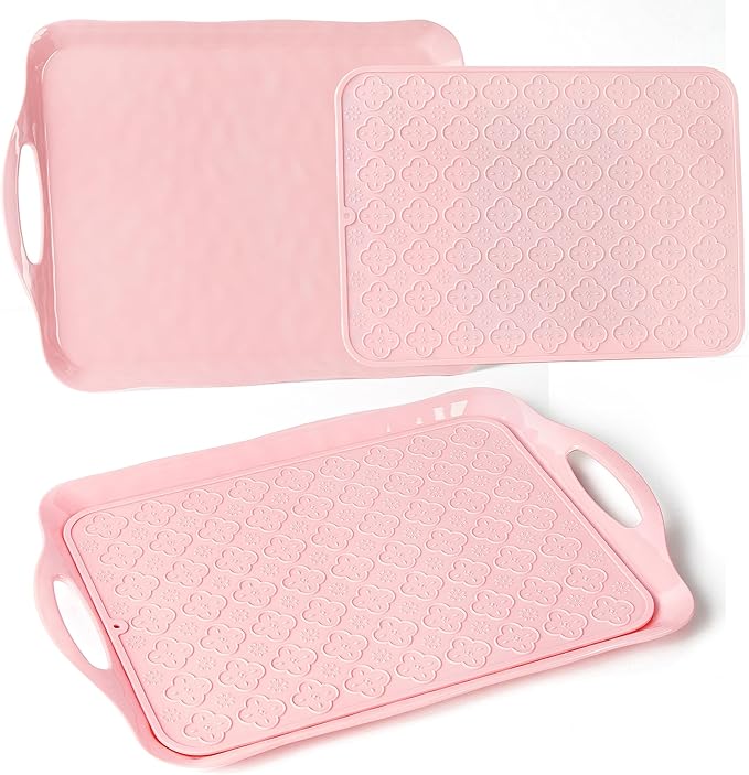 LEHAHA Large Non Slip Serving Tray with Handles, 17.25 x 12 Inch Melamine Serving Platter with Curved Sides, Dinner Tray for Lunch, Coffee, or Breakfast, 4pcs Set, Silicone placemats Included,Pink