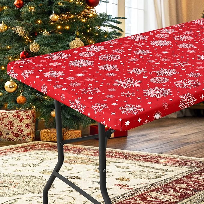 homing Rectangle Table Cloth Cover, Waterproof Polyester Elastic Fitted Tablecloth, Fits for 8 Foot Folding Tables, Washable Table Protector for Christmas, Holiday, Party (Snowflakes, 30" x 96")
