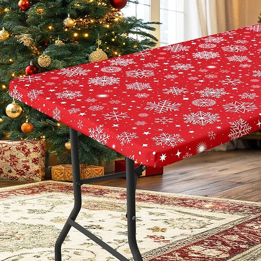 homing Rectangle Table Cloth Cover, Waterproof Polyester Elastic Fitted Tablecloth, Fits for 6 Foot Folding Tables, Washable Table Protector for Christmas, Holiday, Party (Snowflakes, 30" x 72")