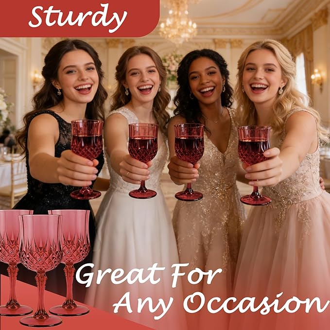 Plastic Wine Glasses, Plastic Goblets Vintage Style Cordial Unbreakable Drinking Glasses, Reusable Drinkware for Wedding Reception, Grand Event Party Supplies, Mother's Day (24, Burgundy)