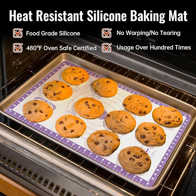 Silicone Pastry Mat with 10 Useful Recipes, Silicone Mat for Baking, Dough Rolling for Bread, Cookie, Macaron, Pizza, Surdough, Non Stick Silicone Mat for Counter 32X24INCH Purple