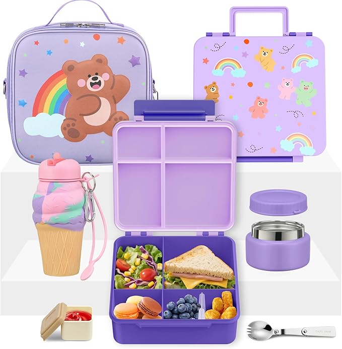 Lunch Box Kids with 5 Compartments, Insulated Food Jar & Utensil & Sauce Container & Lunch Bag & Silicone Collapsible Cup, Leak Proof Bento Box, BPA-Free & Dishwasher Safe-Soft Purple