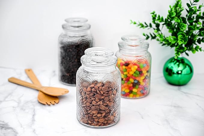 Le'raze Food Storage Containers with Airtight Lids - Retro Design - Pantry Organization, Glass Canisters Storage for Cookies, Tea, Sugar, Candy Jars, Sugar Packet, Set of 3