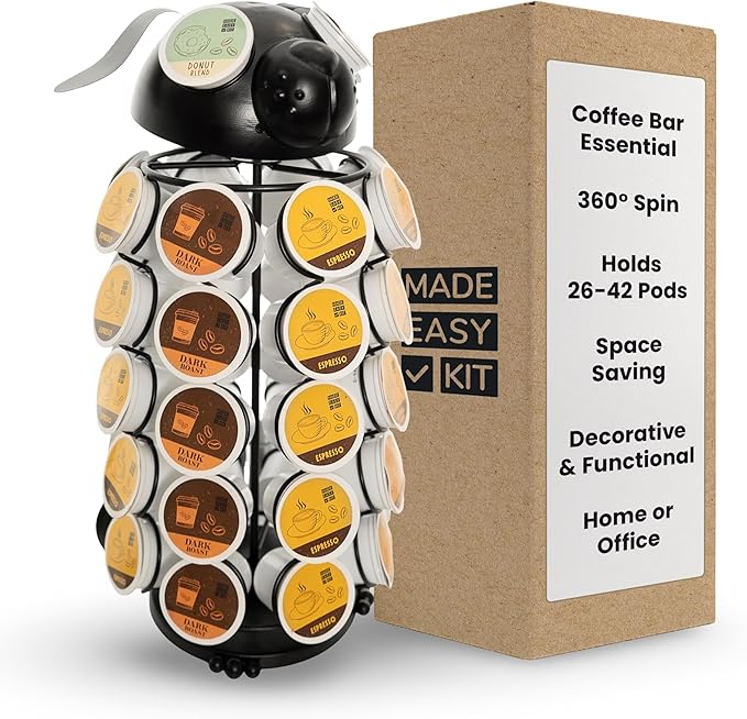 Made Easy Kit Carousel Coffee Pod Holder - Compatible with Keurig K-Pods K-Cups - Countertop 360 Spin Rack Storage Organizer - Revolving Base - Capsule Café Station Bar (Dog Black, Large)
