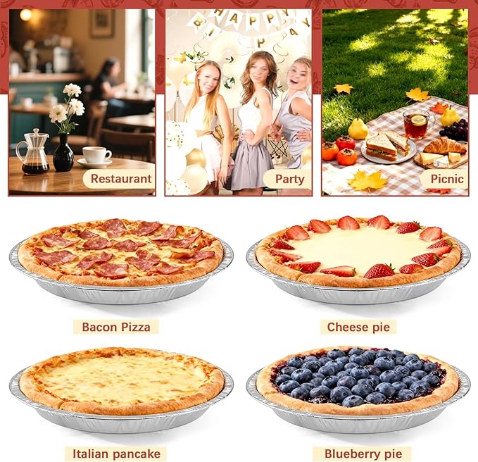 24 Pack 9 Inch Round Disposable Aluminum Foil Pie & Tart Pans - Heavy-Duty Baking Tins for Cooking, Storage, Reheating & Takeout