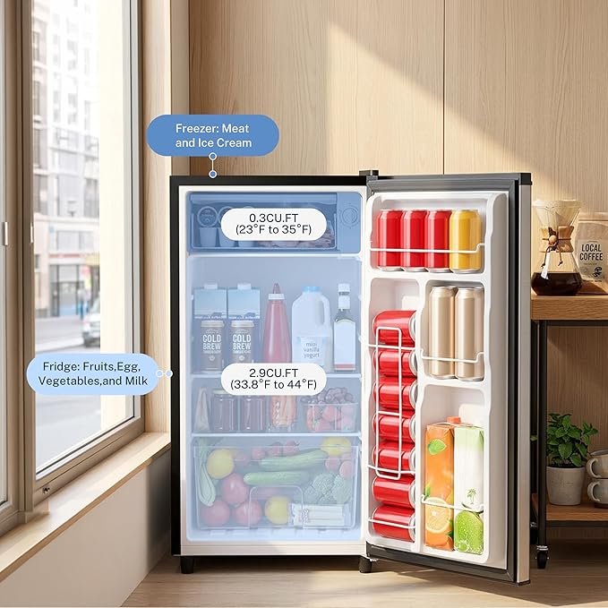 3.2 Cu.Ft Mini Fridge with Freezer, 1 Door Small Refrigerator with Adjustable Thermostat Energy-efficient Low Noise, Compact Fridge for Bedroom, Office, Dorm, Silver