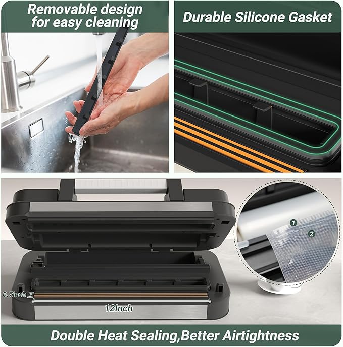 95kPa Vacuum Sealer Machine, Powerful Double Pump 10-in-1 Food Sealing System with Double Heat Seal, Built-in Cutter & Bag Storage, Easy-Lock Handle, Hose, 2 Bag Rolls, Durable Stainless Steel Design