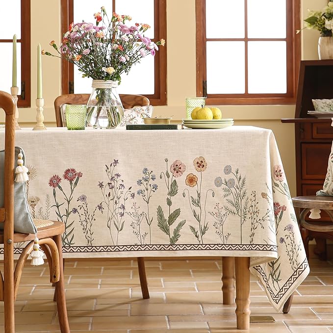ISAENNE Designer Off White Linen Extra Long Rectangle Tablecloth,Floral Elegant Table Cloth,Stain Resistant Vintage Decor Tablecloths for Dining Thanksgiving Kitchen Party,63"*110"-Serenity G