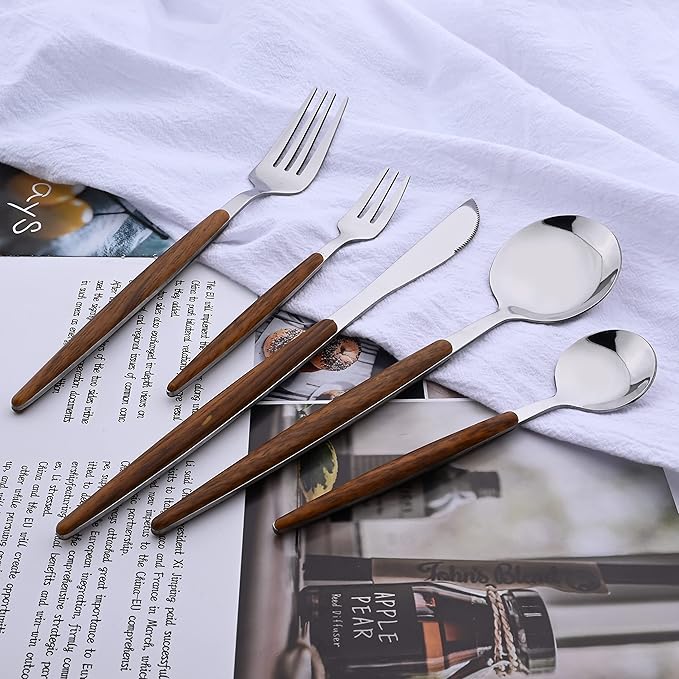 6-Piece Dinner Spoons Set, Food Grade Stainless Steel Spoons for Home Hotel Restaurant, Silver Mirror Polished, Faux Wooden Clip Handle Design, 8.0inch Durable Spoons Set, Dishwasher Safe