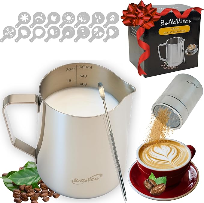 Milk Frothing Pitcher Set 20oz/600ml, 304 Stainless Steel Milk Frother Cup with Cocoa Shaker, Latte Art Pen, Stencils, Espresso Machine Accessories & Coffee Barista Tools Latte Pitcher Gift