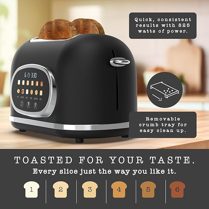 Rae Dunn Retro Digital Electric Toaster, 2 Slice Stainless Steel Toaster With Touchscreen, Countdown Timer, 6 Shade Settings, Wide Slots, High Lift Lever, Bagel, Defrost & Reheat, Digital Black
