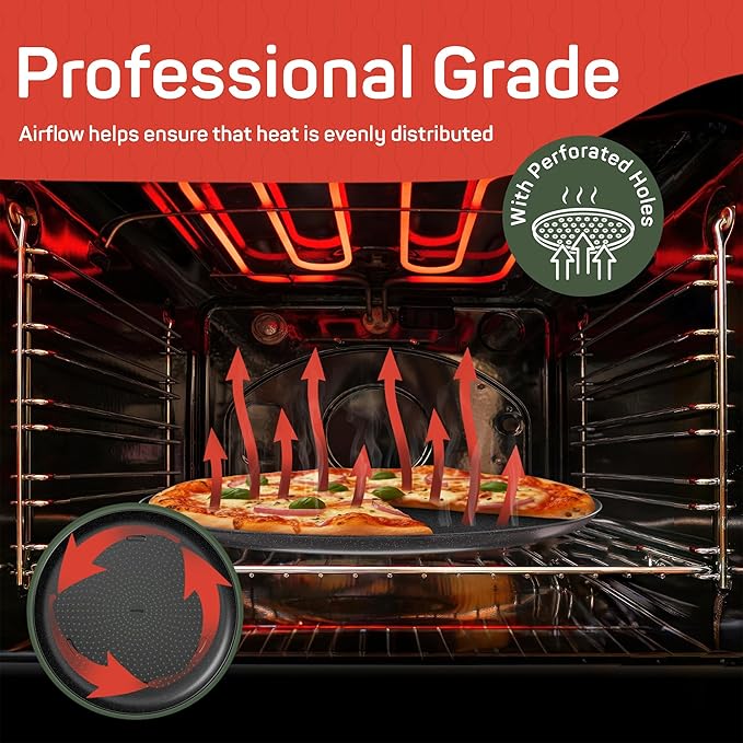 Emporio Kitchen Non-Stick Pizza Pan 2 Pack – 16 Inch Round Carbon Steel Pizza Tray with Perforated Holes, PFOAPFOSPTFE-Free, Dishwasher & Oven Safe Up To 450°F, Durable Nonstick Gray Marble Coating