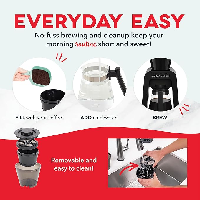DASH Rapid Cold Brew Maker with VacuPress™ Technology with Glass Carafe for 40 Ounces of Instant Fresh Cold Brew Coffee or Iced Tea
