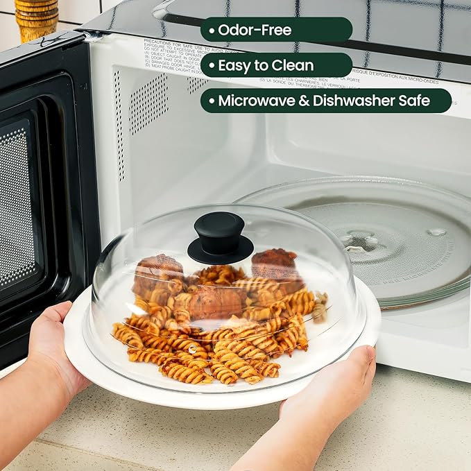 2 in 1, Glass Microwave Splatter Cover for Food & Microwave Place Mat, Plate Splatter Guard Lid with Easy Grip Silicone Handle Knob, Borosilicate Glass with Vent Hole, Food Grade, No Plastic, 10in