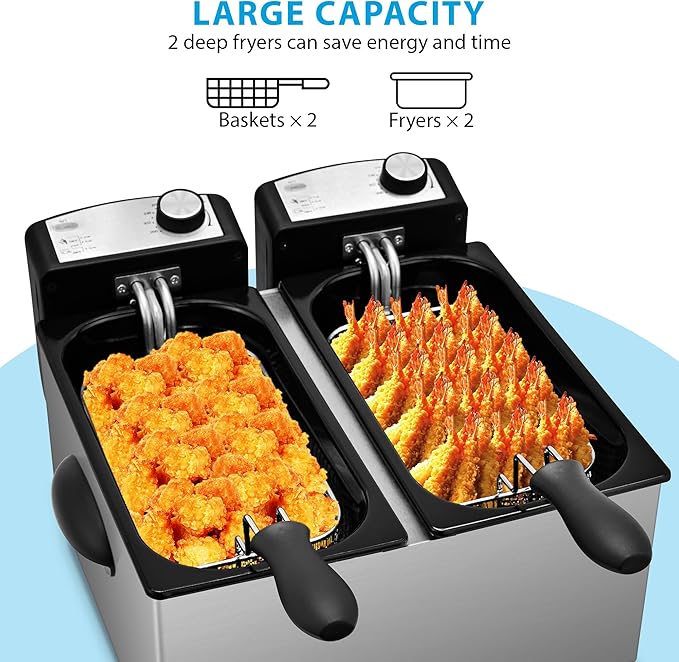 Pukomc Electric Double Deep Fryer with 2 Baskets & Lids, 3L Stainless Steel Removable Double Fryer,Temperature Control,Overheat Protection,3000W