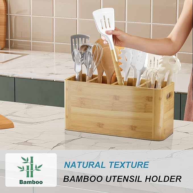Bamboo Utensil Holder for Kitchen Counter, Extra Large Utensil Organizer for Countertop with 4 Compartments, Cooking Utensil Holder for Spatula Kitchen Storage