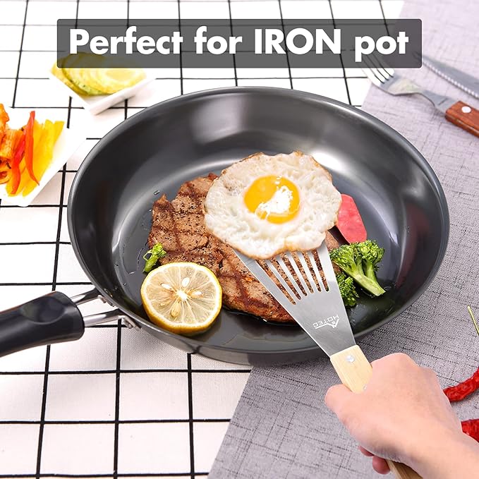 HOTEC 2pcs Stainless Steel Wooden Handle Fish Spatula, Metal Spatula Flipping Foods