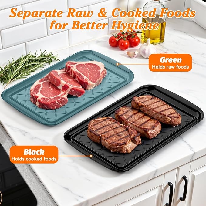 Grilling Prep & Serve Trays for Party- Set of 2, Large Serving Platters for Raw and Cooked Food, Dishwasher Safe, 17"×10.5" Stackable Plastic Party Supplies for Grilling, BBQ, Meal Prep - Green, Black