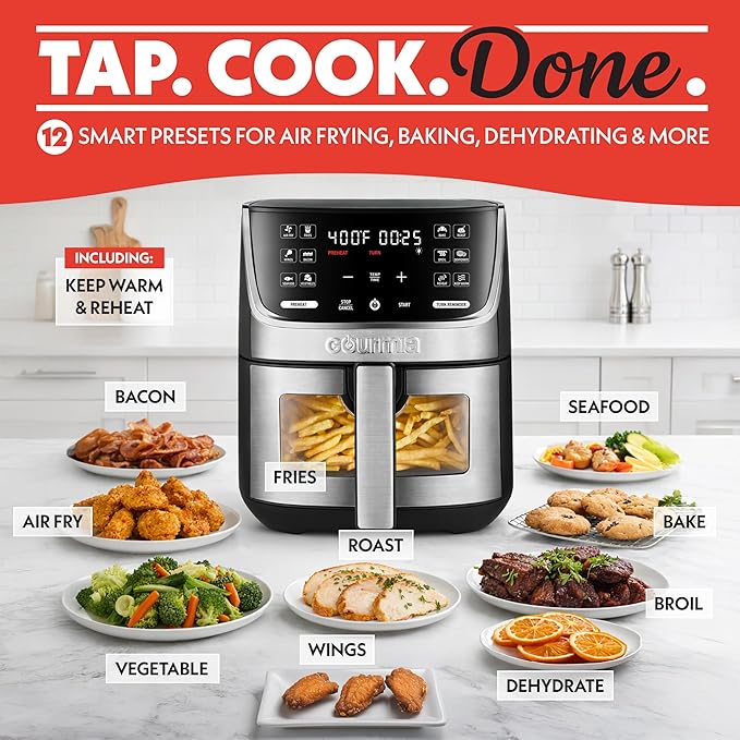Gourmia Air Fryer - 7 Qt Large Capacity with LED Display, 12 One-Touch Presets, FryForce 360° Technology, Nonstick Dishwasher-Safe Basket & Crisper Tray, Stainless Steel