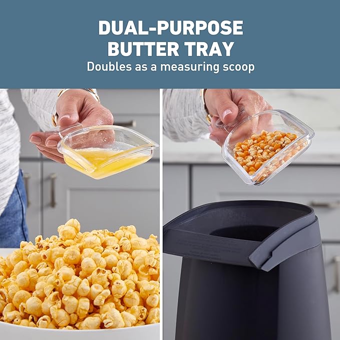 West Bend Air Crazy Hot Air Popcorn Popper Machine 4-Quart Oil-Free Popping for Healthier Snacks Dual-Purpose Measuring and Butter Cup On/Off Switch Compact Design, in Black