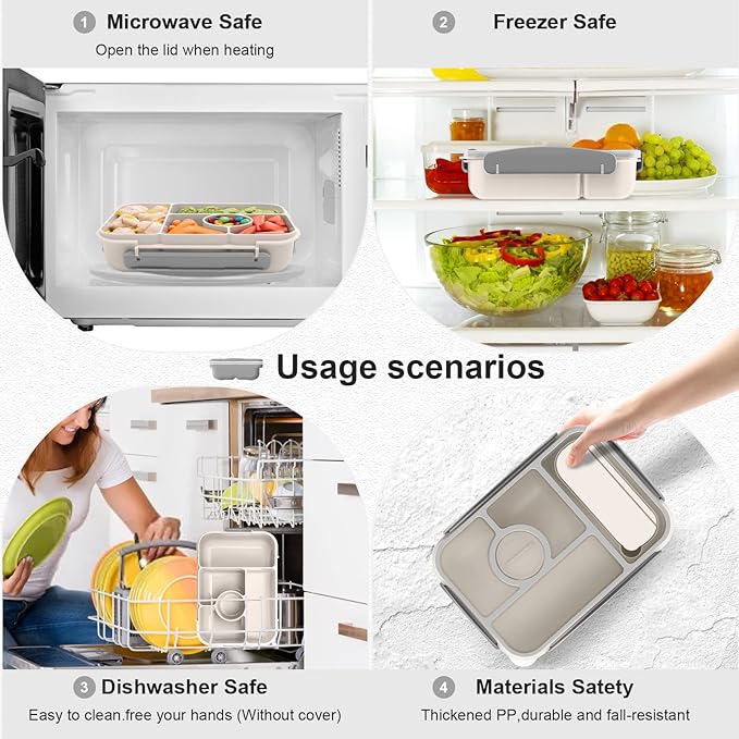 Amathley Bento Box Adult Lunch Box Kids,Lunch Containers for Adults/Kids/Toddler,5 Compartments Bento Lunch Box with Sauce Vontainers,Microwave & Dishwasher & Freezer Safe,BPA-Free (White)