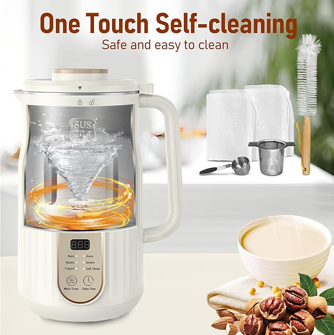 Nut Milk Maker, AlfaBot N2 Automatic Almond Milk Machine for Homemade Plant-Based Milk, Oat, Soy, Yogurt, 5 Modes/35OZ Big Capacity Soy Milk Maker with Delay Setting and Self Cleaning (Cream)